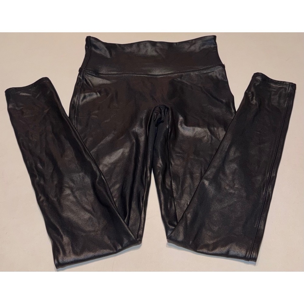 Spanx Faux Shimmer Leather Leggings Black High Waist Shaping Leggings Small